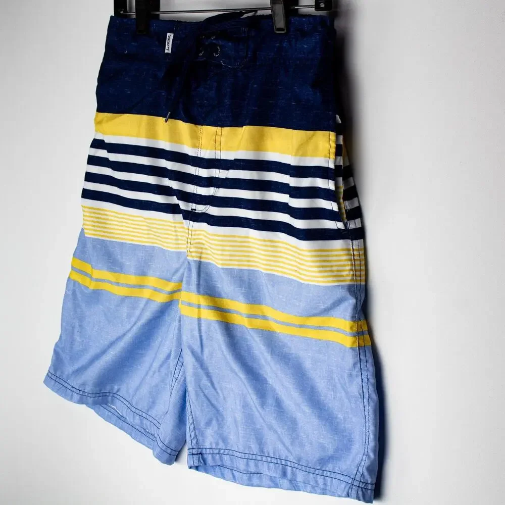 Le Tigre Men’s Medium Vintage Board Shorts Blue Yellow Striped Swim Trunks